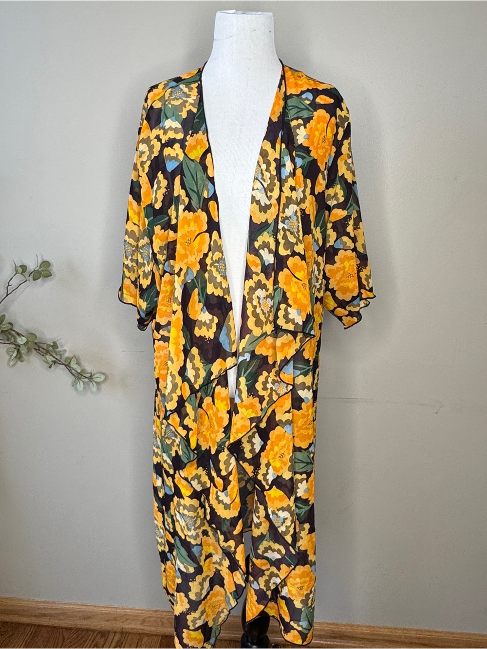 LULAROE sz. Medium Duster Swimsuit Cover Up Kimono Yellow Brn Floral Sheer MINT